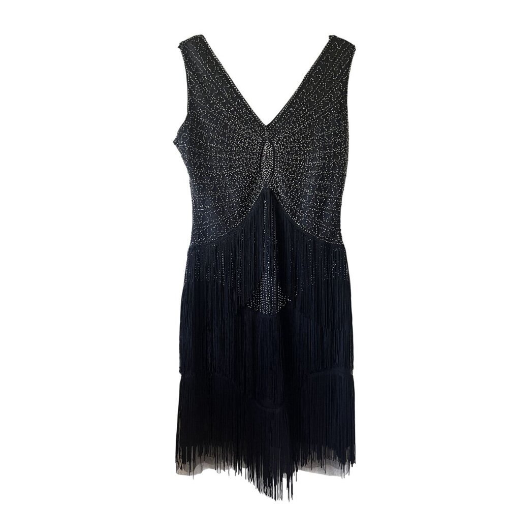 Unique Vintage 1920s Black Beaded Flapper Dress L - Picture 4 of 10